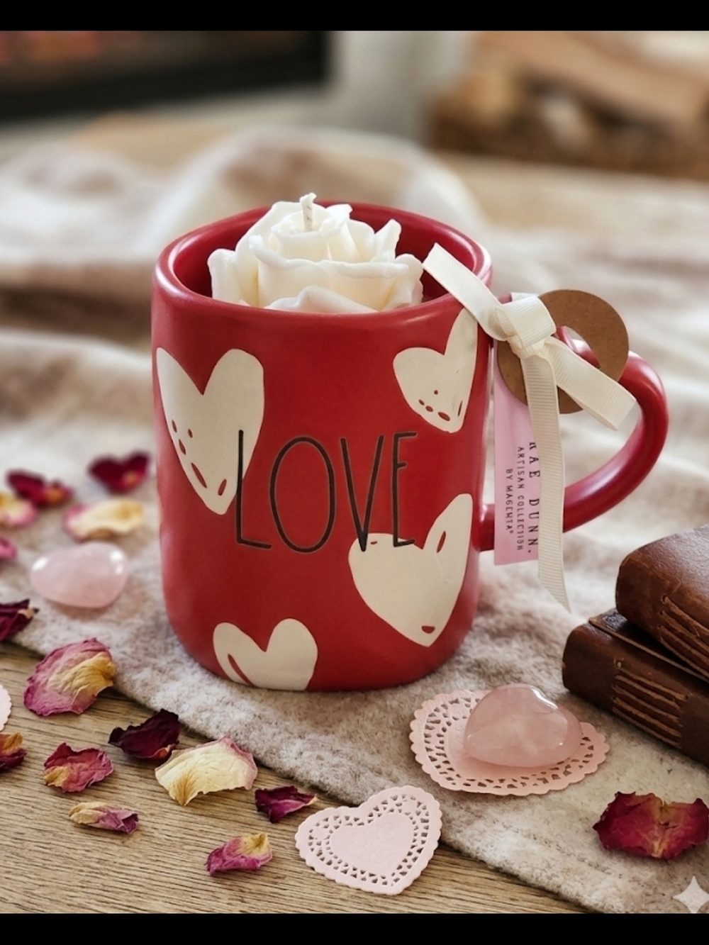 Red & White Heart Rae Dunn Mug Hand Poured Soy Wax Rose Candle 15 oz